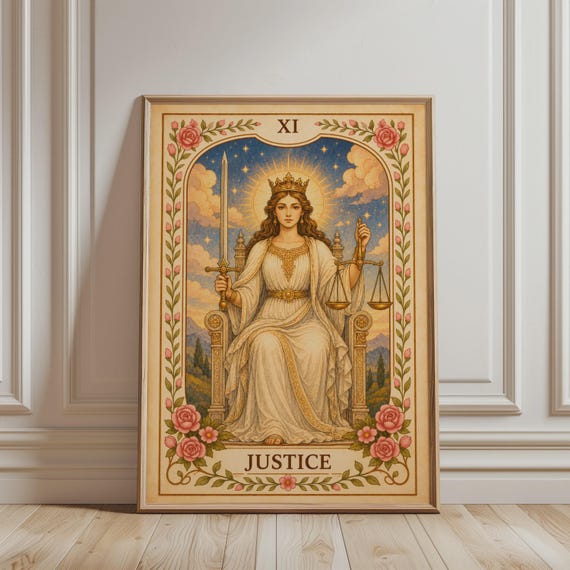 Spiritual Wall Art 11 Justice Tarot Card Print Floral Bohemian Major Arcana Mystic Botanical Vintage Poster Celestial Home Decor