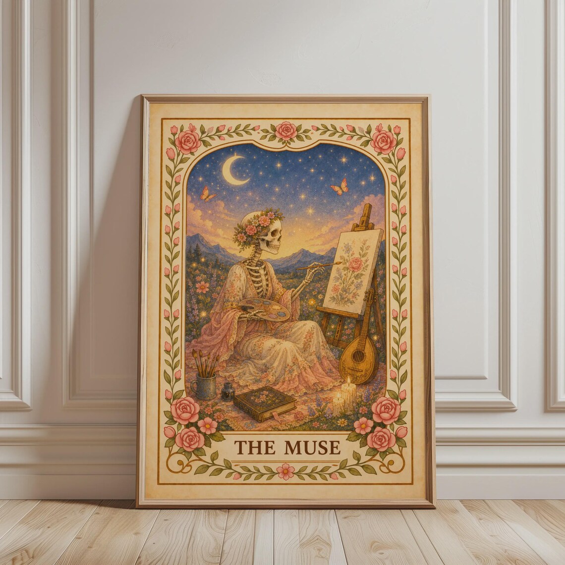 The Muse Tarot Card Print, Bohemian Floral Skeleton