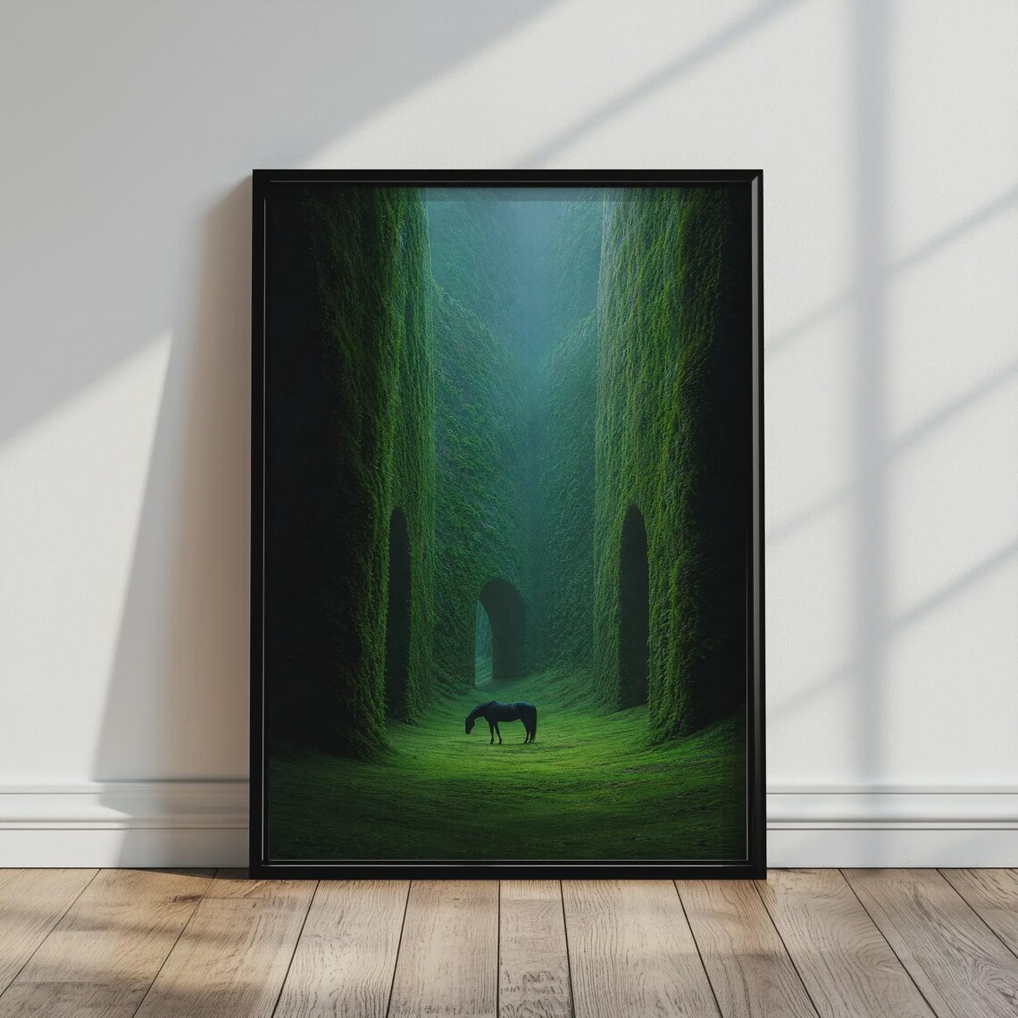 Black Horse Grazing in Mossy Green Gothic Ruins Garden Scene Print