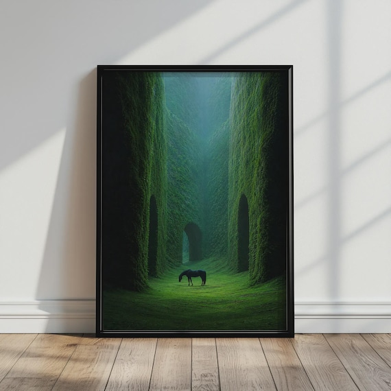 Moody Wall Art Dark Horse Print Gothic Ruins Garden For Bedroom Enchanted Green Forest Poster Minimalist Calm Decor