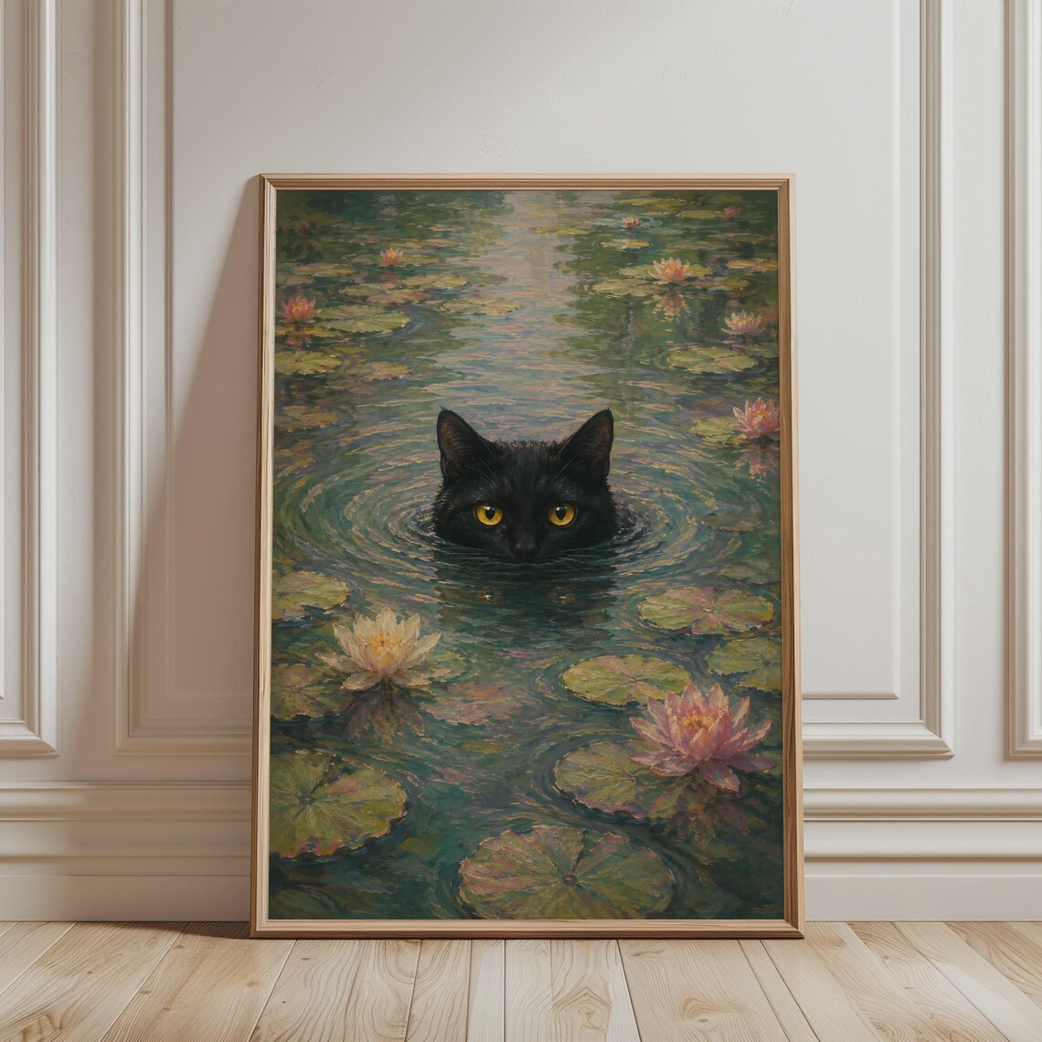 Swimming Black Cat Water Lily Pond Whimsical Golden Cat Art Poster