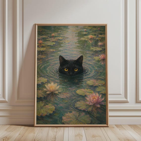 Swimming Black Cat Wall Art Water Lily Pond Pink Lotus Nature Artwork Serene Landscape Print Animal Poster Cottage Core Home Decor