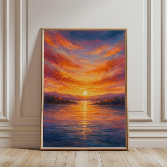 Colorful Sunset Landscape Wall Art Abstract Lake Painting Vibrant Sky Print Serene Pastel Orange Blue Poster Calming Nature Decor
