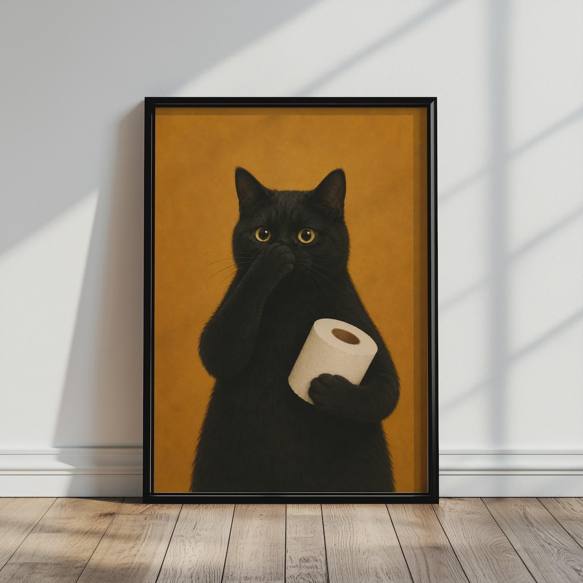 Black Cat Holding Nose Retro Bathroom Art Print