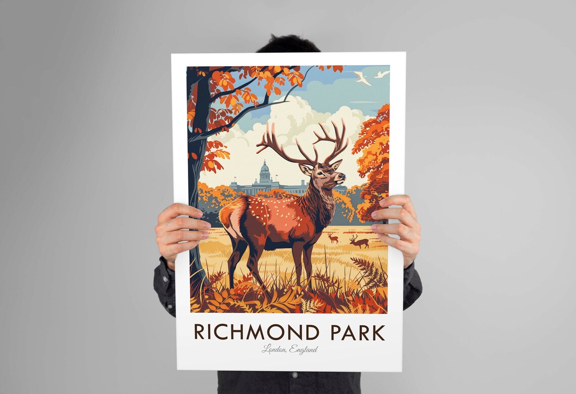 Richmond Park London England Red Deer Stag Autumn Meadow Poster - Image 2