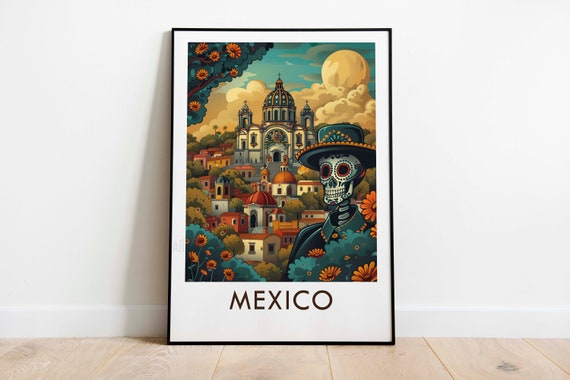 Mexico Day of the Dead Painted Skull Cathedral Marigolds Art Poster