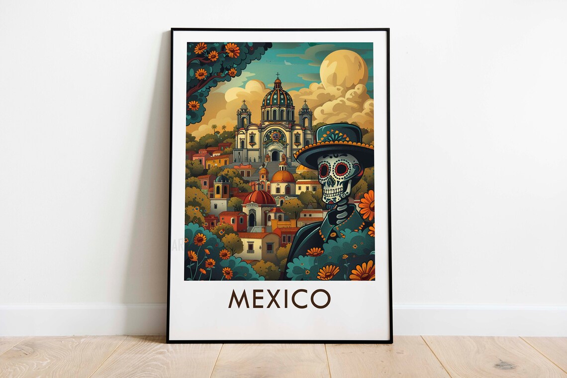 Mexico Day of the Dead Painted Skull Cathedral Marigolds Art Poster