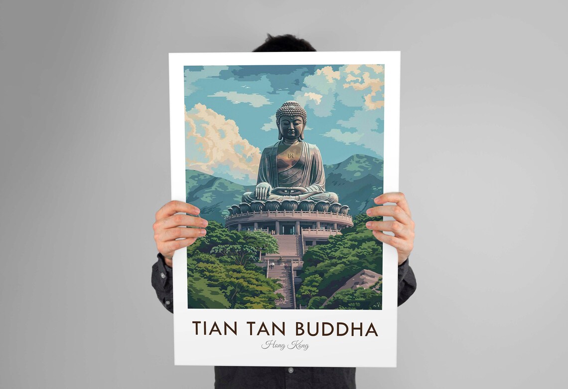Tian Tan Buddha Hong Kong Vintage Big Buddha Statue Scenic Travel Poster - Image 3
