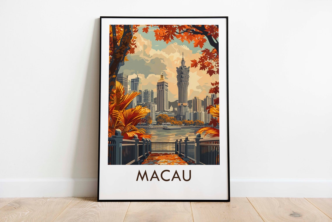 Macau China Waterfront Skyline Promenade Autumn Leaves Travel Poster - Image 3
