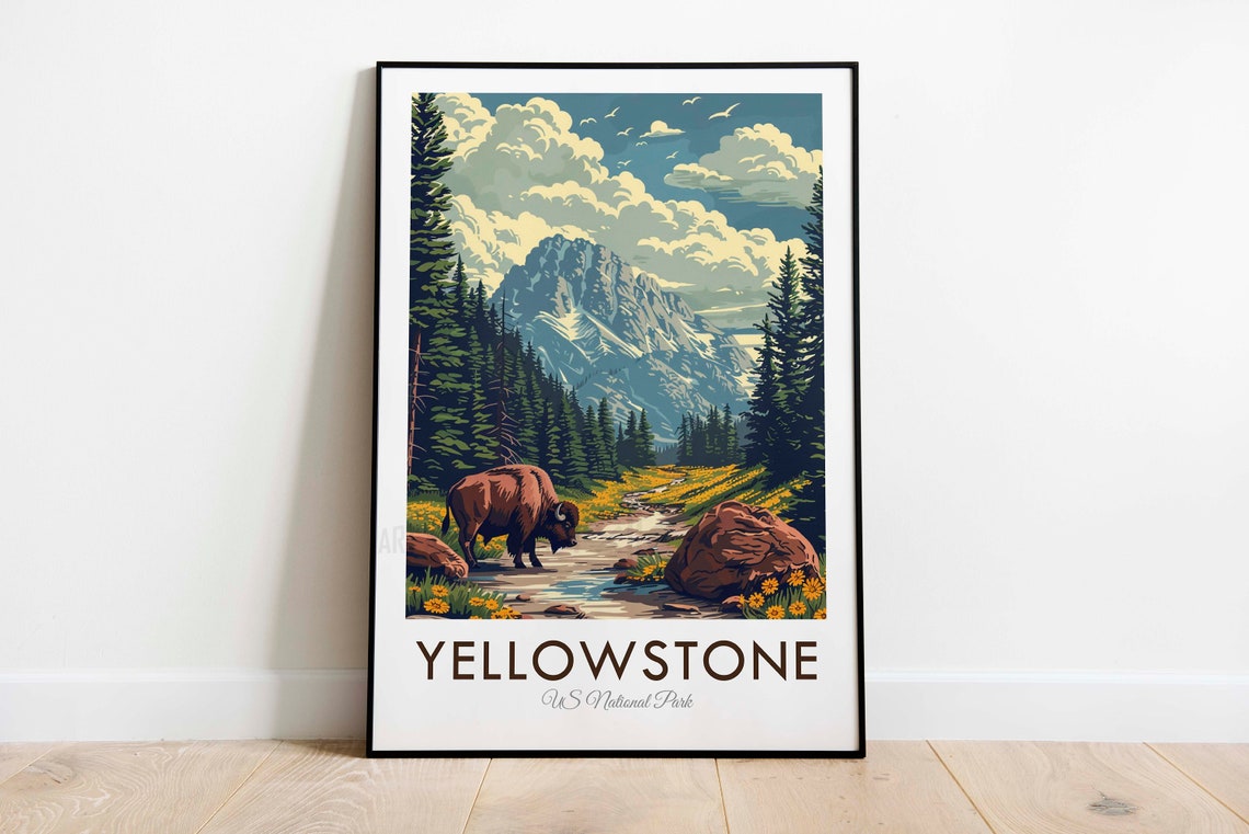 Yellowstone National Park Bison Stream Mountain Wildlife Poster - Image 3