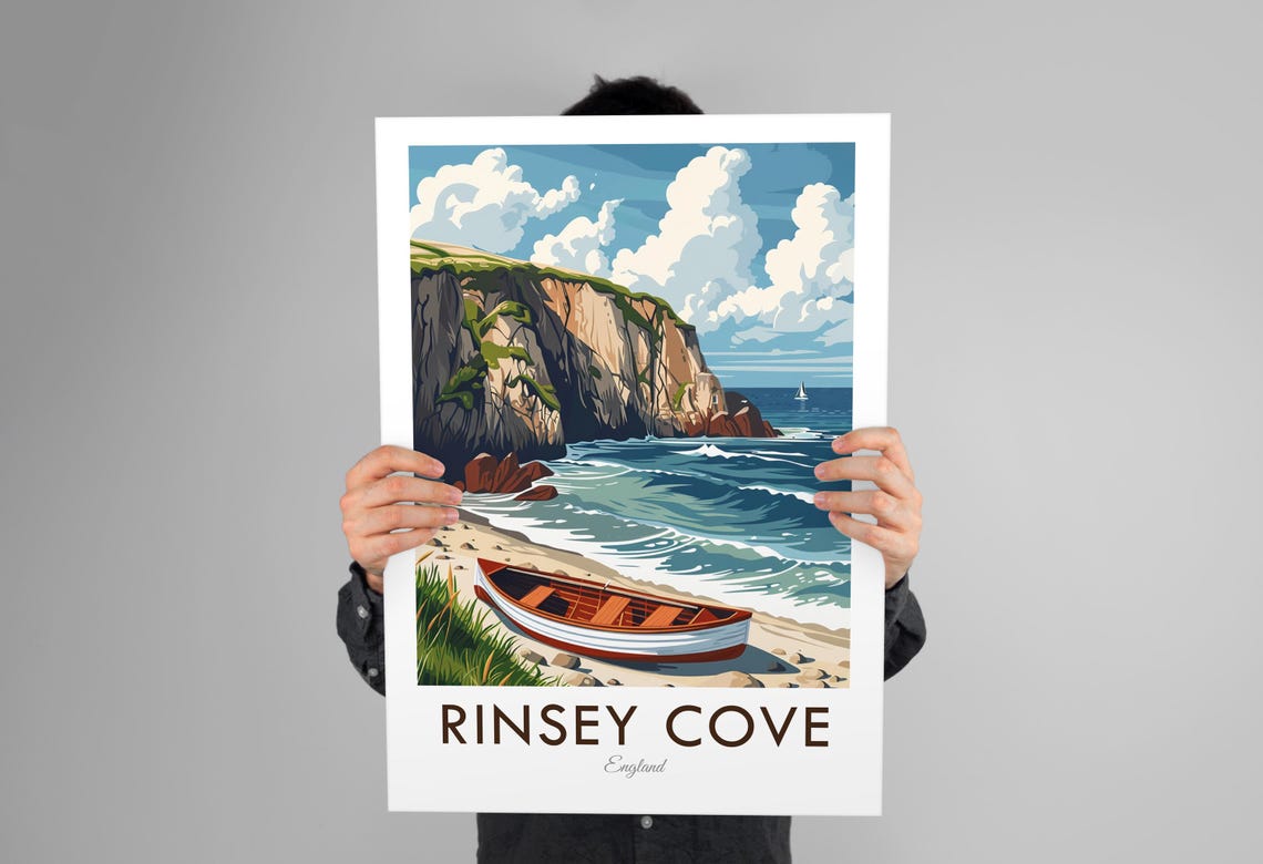 Rinsey Cove Cornwall England Cliffs Rowboat Vintage Travel Poster - Image 3