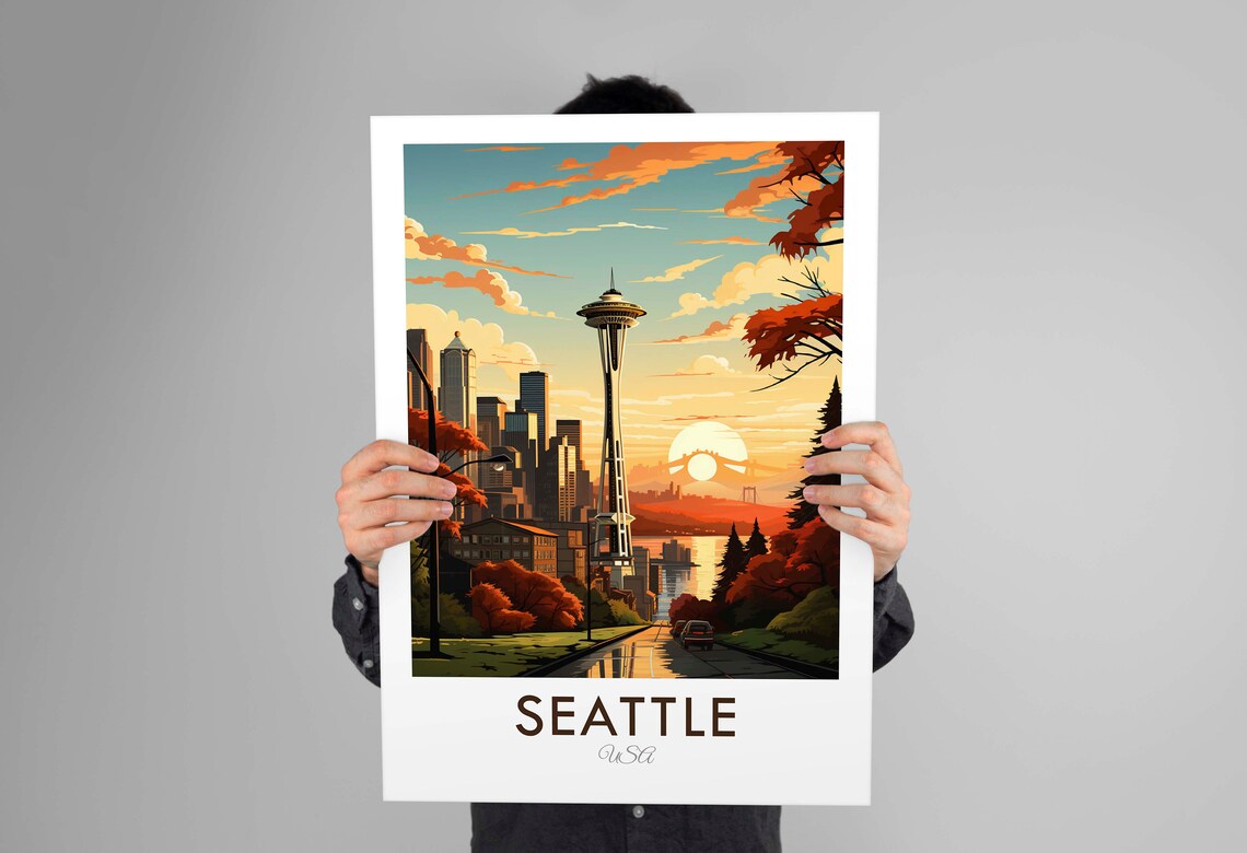 Seattle USA Space Needle Sunset Skyline Autumn Street Travel Poster - Image 3