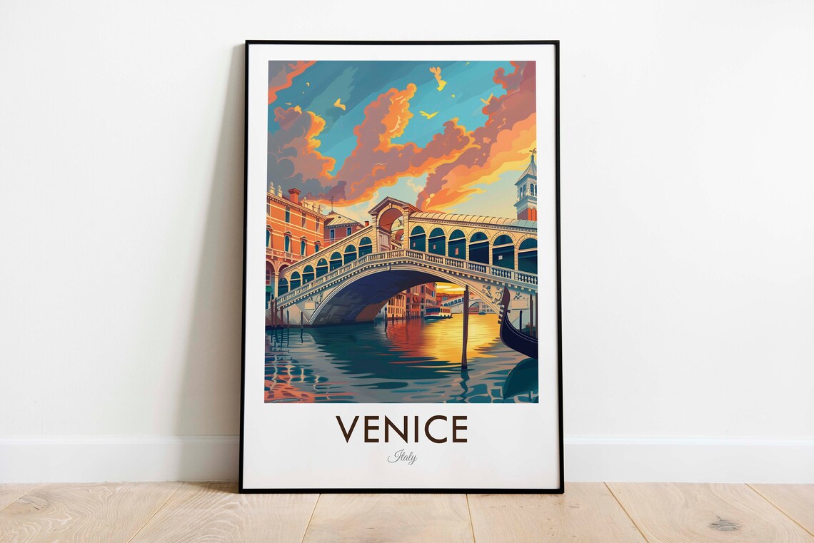 Venice Italy Rialto Bridge Sunset Canal Gondola Vintage Travel Poster