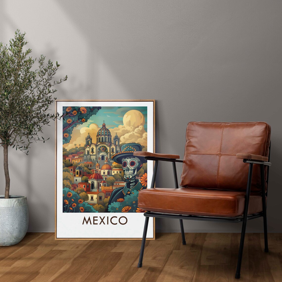 Mexico Day of the Dead Painted Skull Cathedral Marigolds Art Poster - Image 2