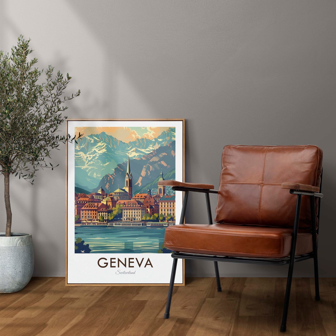 Geneva Switzerland Vintage Lakeside Old Town Mountains Art Poster - Image 2