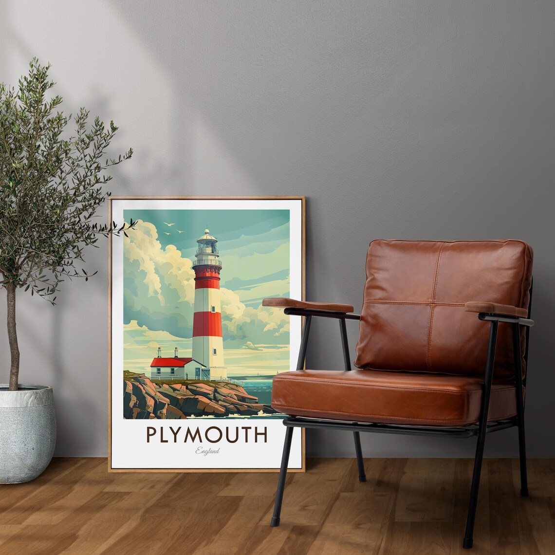 Plymouth England Striped Lighthouse Rocky Coast Vintage Travel Poster - Image 2