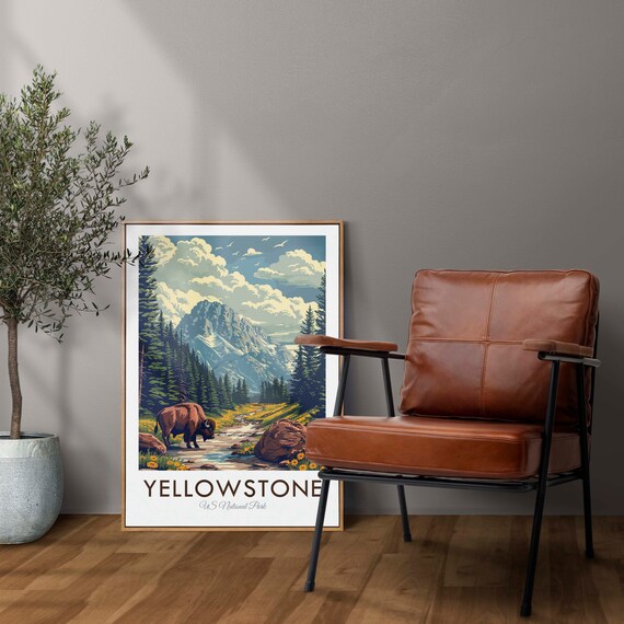 Yellowstone National Park Bison Stream Mountain Wildlife Poster