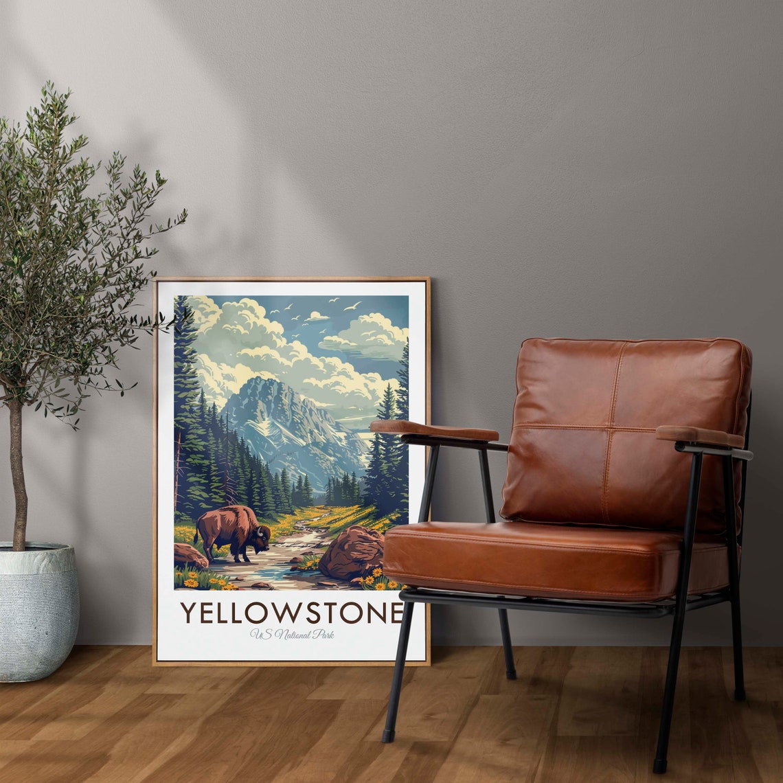 Yellowstone National Park Bison Stream Mountain Wildlife Poster