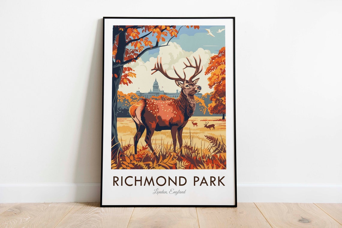 Richmond Park London England Red Deer Stag Autumn Meadow Poster - Image 3