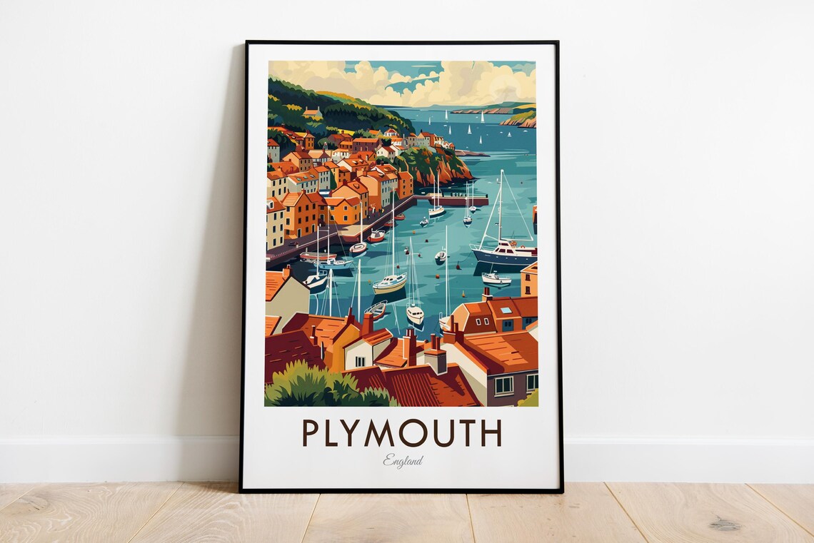 Plymouth England Harbor Sailboats Waterfront Vintage Travel Poster
