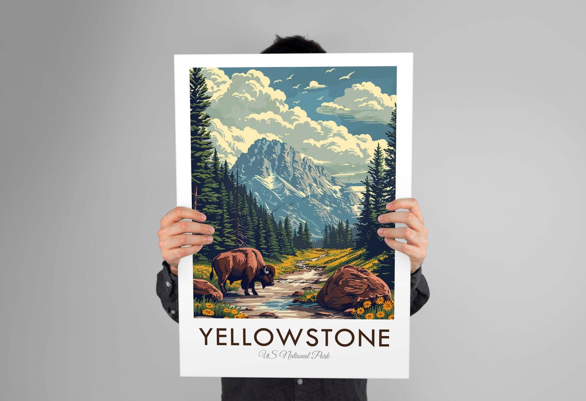 Yellowstone National Park Bison Stream Mountain Wildlife Poster - Image 2
