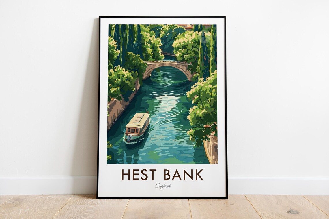 Hest Bank England Canal Boat Stone Bridge Vintage Travel Poster