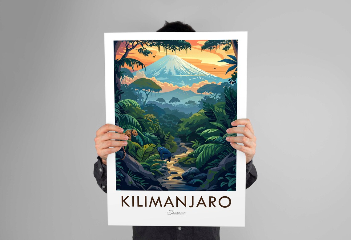 Kilimanjaro Tanzania Snow Capped Peak Rainforest Leopard Scene Travel Poster - Image 3