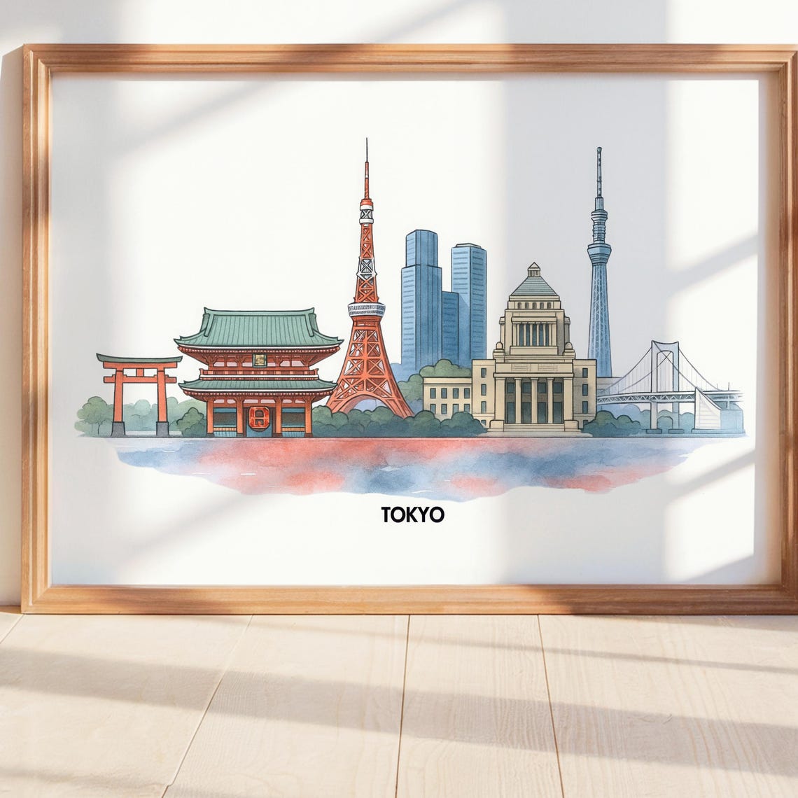 Tokyo Watercolor Skyline Tower Skytree Temple Japan Travel Poster
