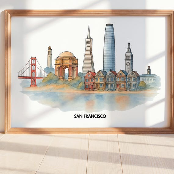 San Francisco Watercolor Skyline Golden Gate City Travel Poster