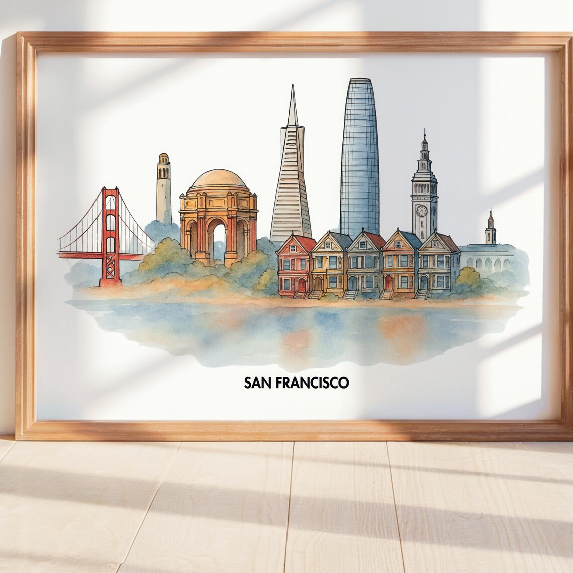 San Francisco Watercolor Skyline Golden Gate City Travel Poster