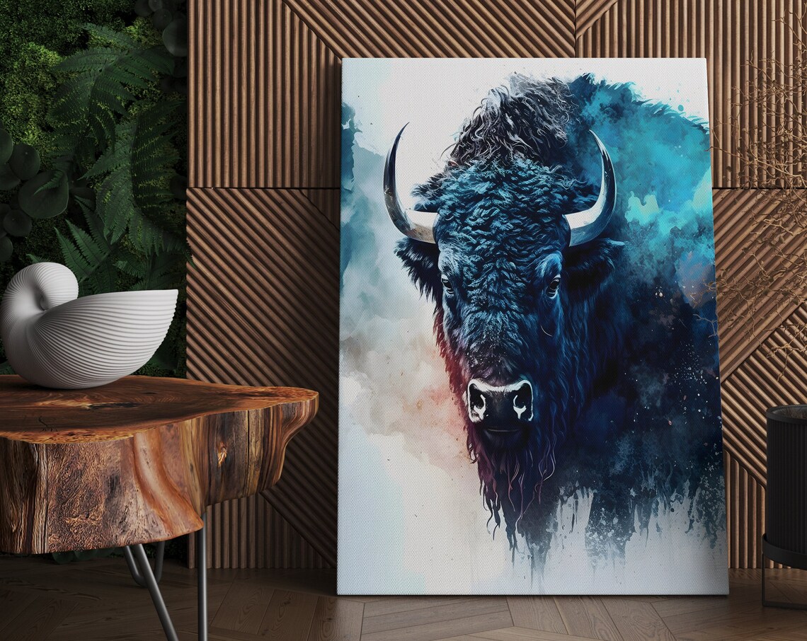 Blue Buffalo Bison Head Watercolor Portrait Wildlife Western Art Poster