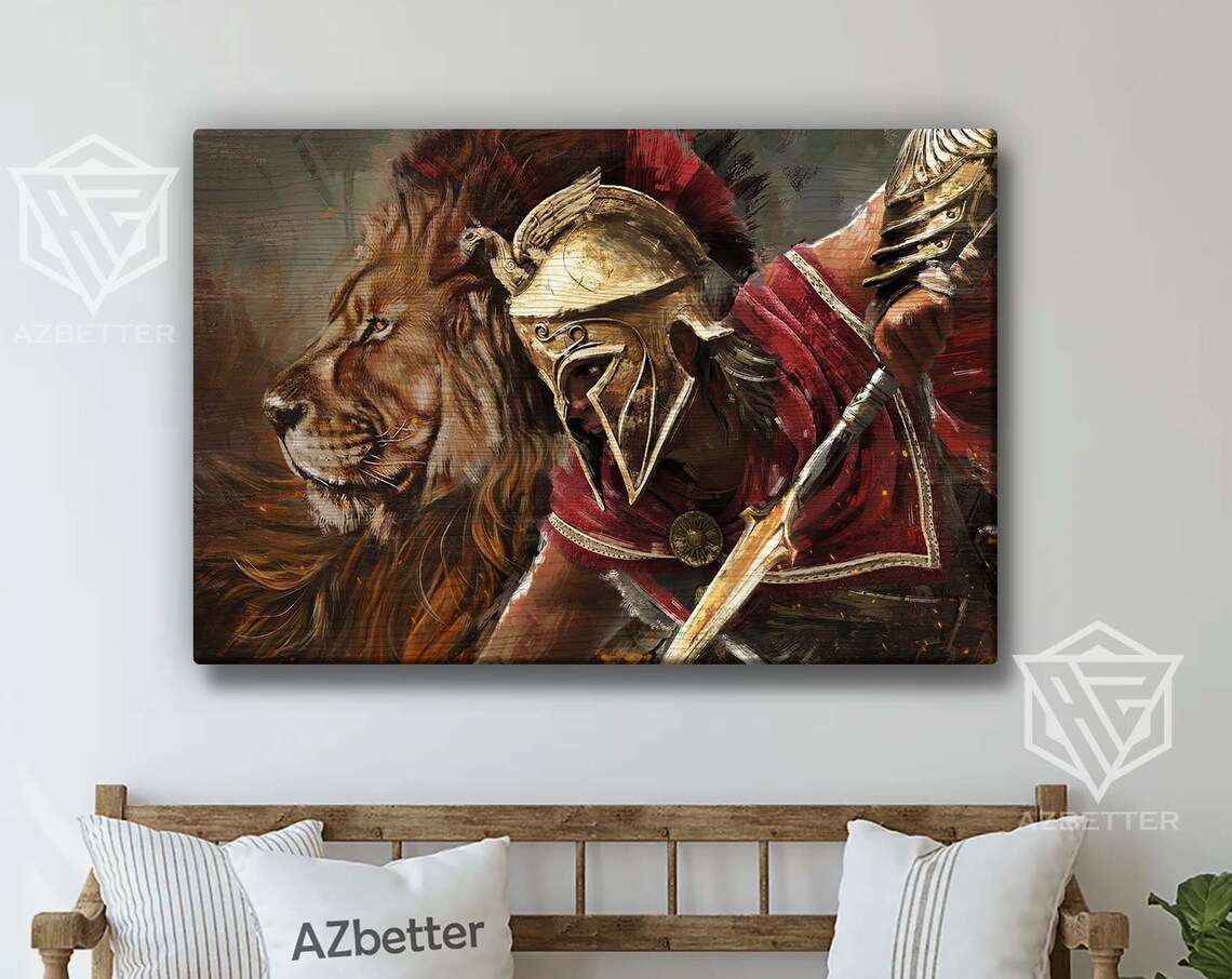 Spartan Knight Warrior Helmet Sword Lion Profile Christian Faith Poster