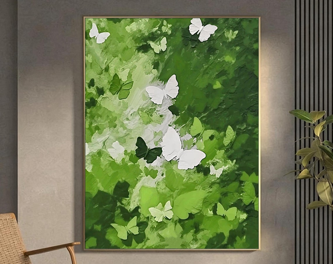 Large Green Textured Painting Butterfly Abstract Art Green Abstract Painting Butterfly Wall Painting Green Painting Green Wall Art