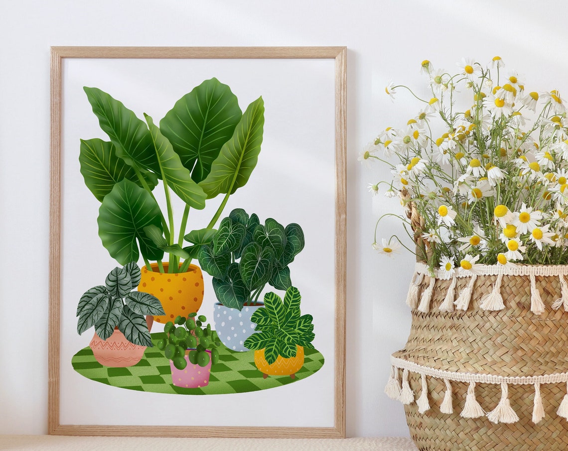 Colorful Potted Houseplants On Green Checkered Rug Illustration Poster - Image 2
