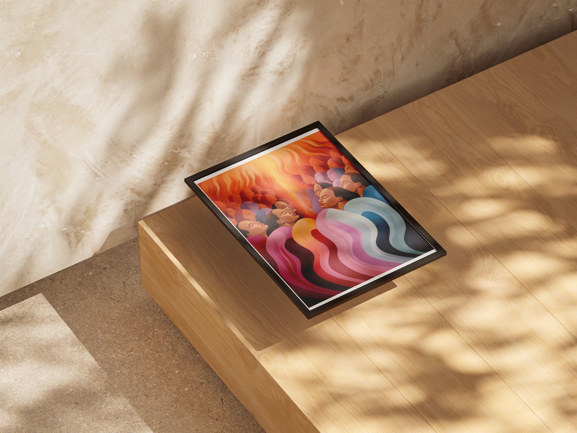 Women Gazing Upward in Warm Sunset Tones Stylized Modern Art Print - Image 2