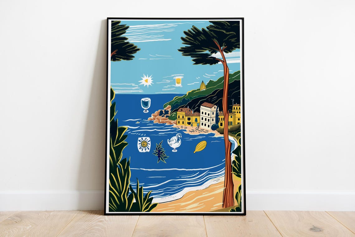 Mediterranean Coastal Town Vintage Travel Style Seaside Poster
