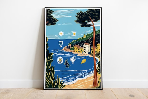 Mediterranean Coastal Town Vintage Travel Style Seaside Poster