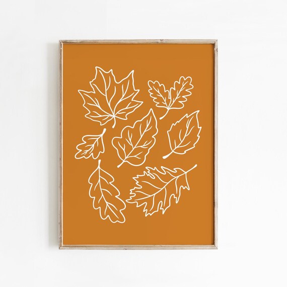 White Line Art Fall Leaves on Burnt Orange Minimalist Poster