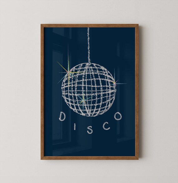 Funky Disco Ball Sketch Navy Retro Party Dancing Decor Poster