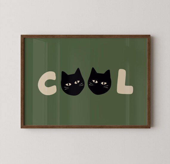 Cool Cats Typography Funny Green Cat Faces Gallery Wall Poster