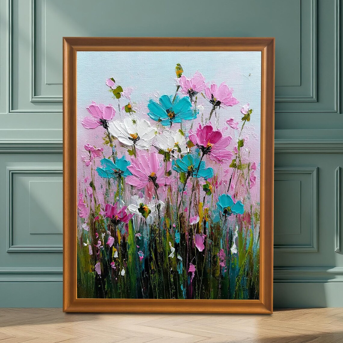 Impasto Wild Cosmos Flowers Pink Teal Garden Oil Painting Poster