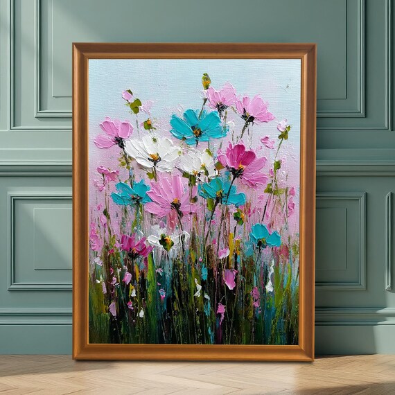 Impasto Wild Cosmos Flowers Pink Teal Garden Oil Painting Poster
