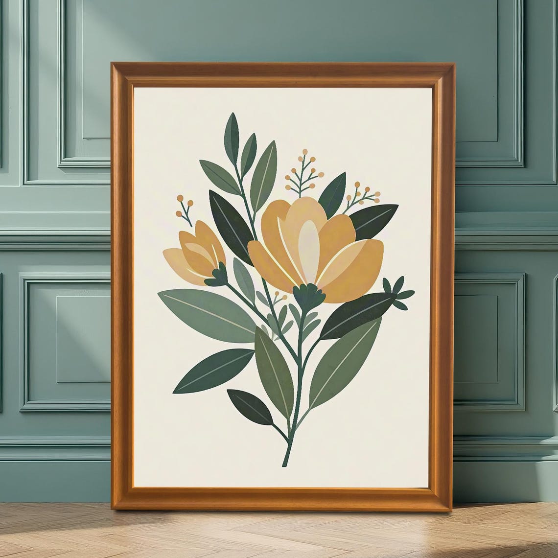 Minimalist Yellow Flower Branch With Green Leaves Botanical Poster