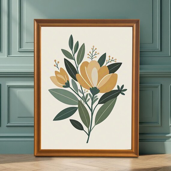 Minimalist Yellow Flower Branch With Green Leaves Botanical Poster
