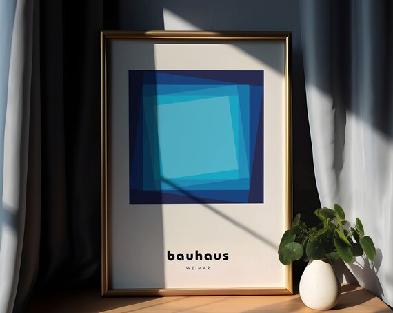 Bauhaus Blue Geometric Poster Print Abstract Mid Century Modern Poster Minimalist Retro Wall Art Office Wall Decor