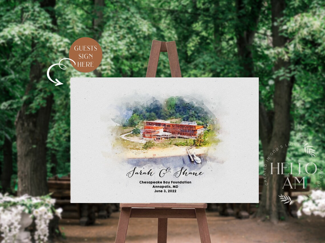 Custom Watercolor Wedding Venue Guest Book Art Print - Image 2