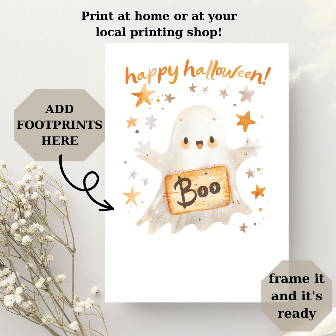 Happy Halloween Ghost Boo Sign Baby Footprint Watercolor Keepsake Art - Image 3