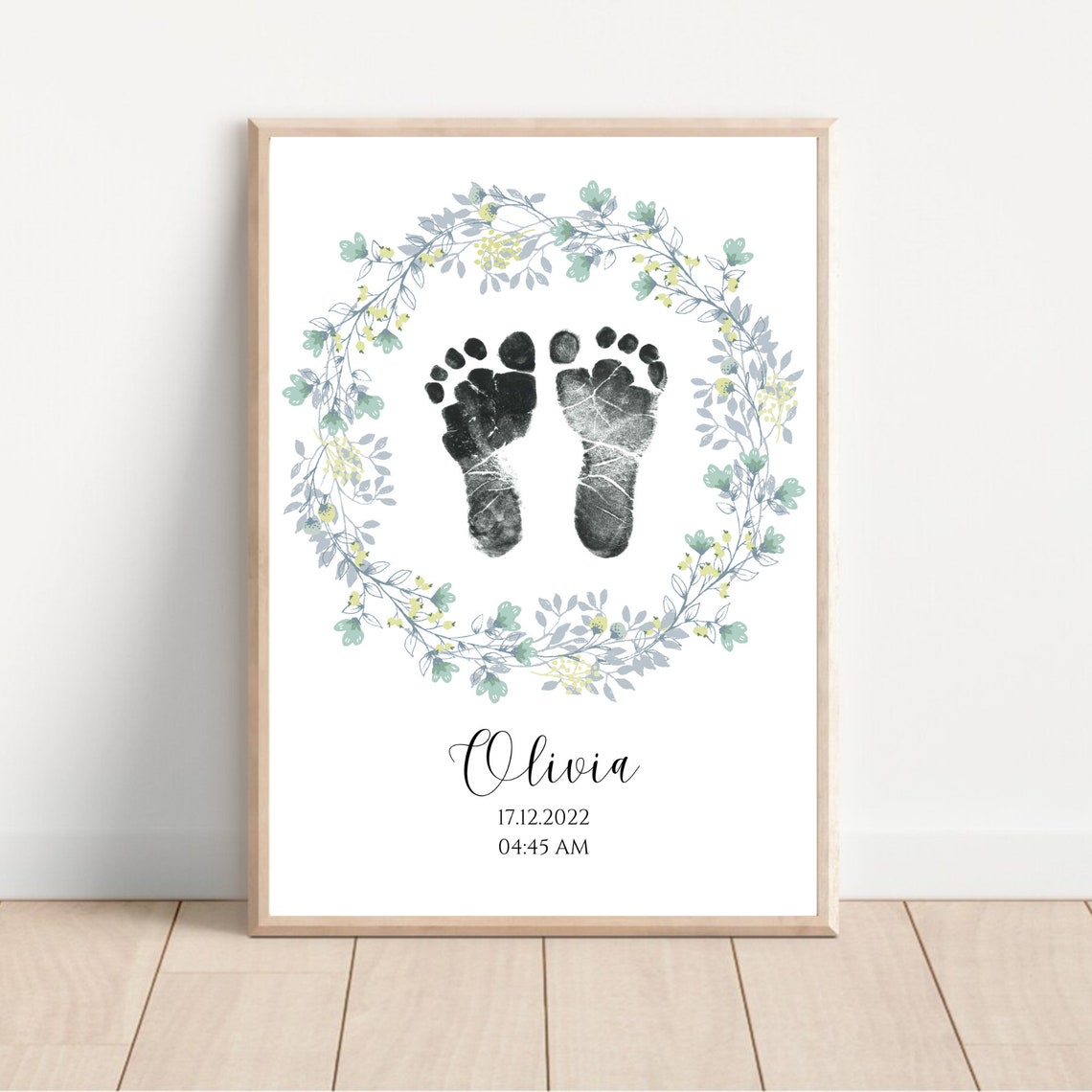 Custom Watercolor Sage Wreath Newborn Foot Print Poster