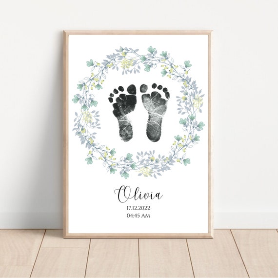 Custom Watercolor Sage Wreath Newborn Foot Print Poster