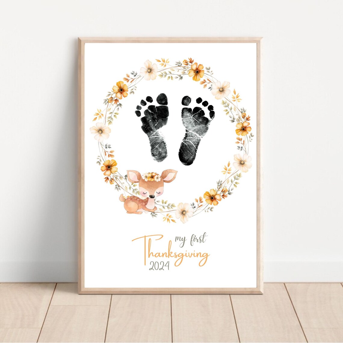 Baby Footprint First Thanksgiving Fawn Floral Wreath Keepsake Poster - Image 2